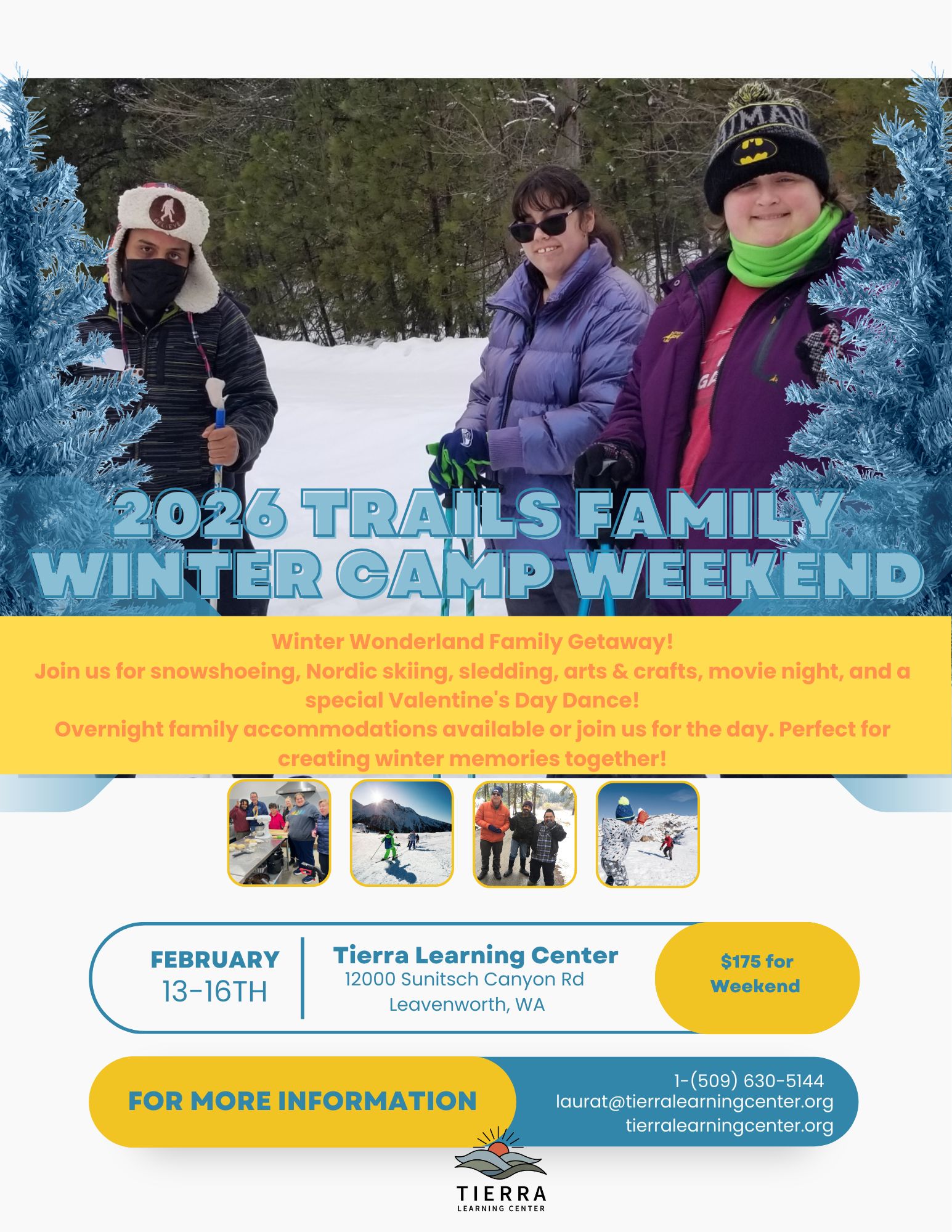 flyer for winter camp with smiling people outside in winter
